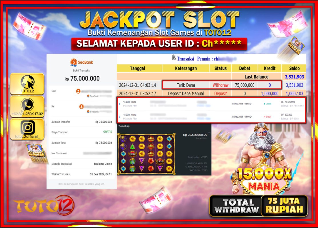 HANYA DI TOTO12 JP PASTI DI BAYAR LUNAS DAN CEPAT!!!!!! JACKPOT SLOT GAME (15.000X MANIA) Rp.75.000.000 !!!!