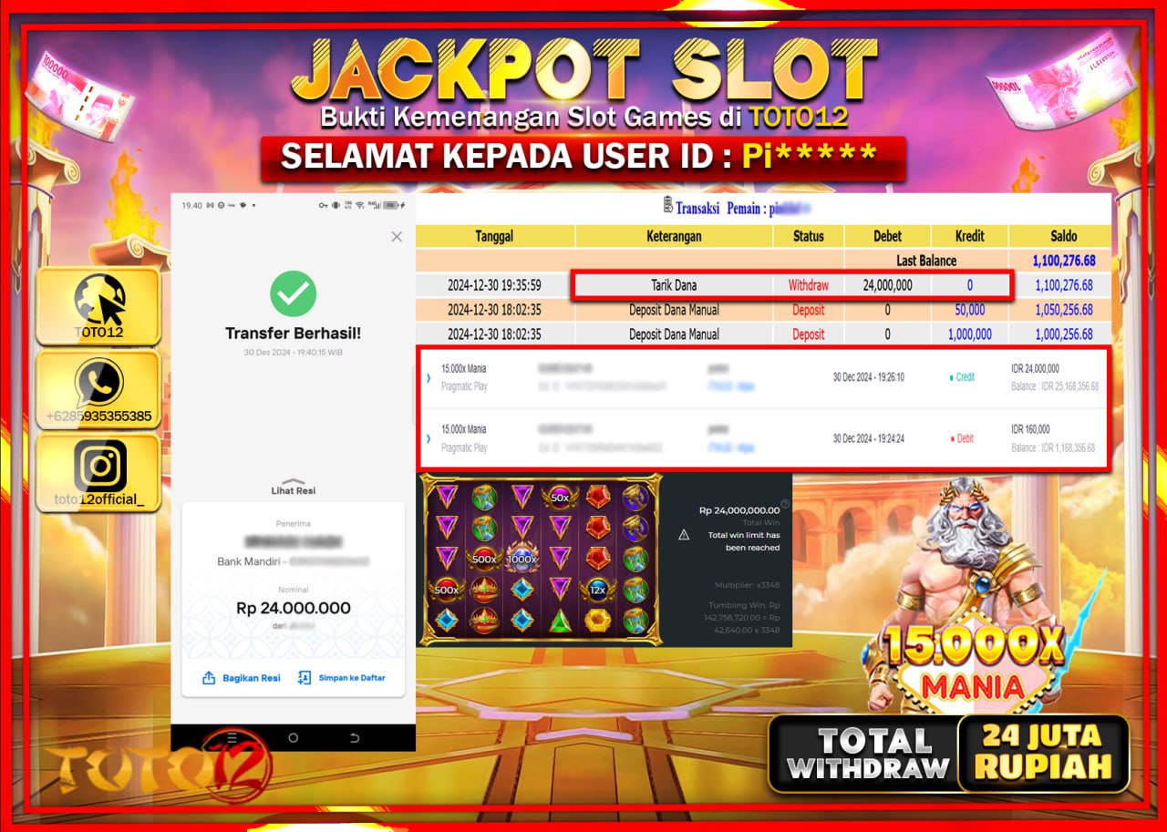 HANYA DI TOTO12 JP PASTI DI BAYAR LUNAS DAN CEPAT!!!!!! JACKPOT SLOT GAME (15.000X MANIA) Rp.24.000.000 !!!!