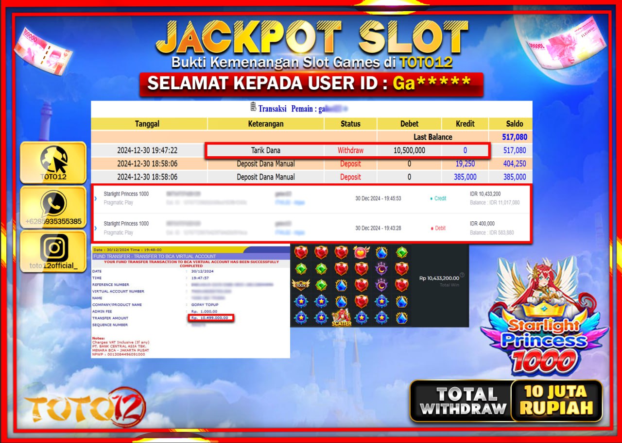 HANYA DI TOTO12 JP PASTI DI BAYAR LUNAS DAN CEPAT!!!!!! JACKPOT SLOT GAME (STARLIGHT PRINCESS 1000) Rp.10.000.000 !!!!