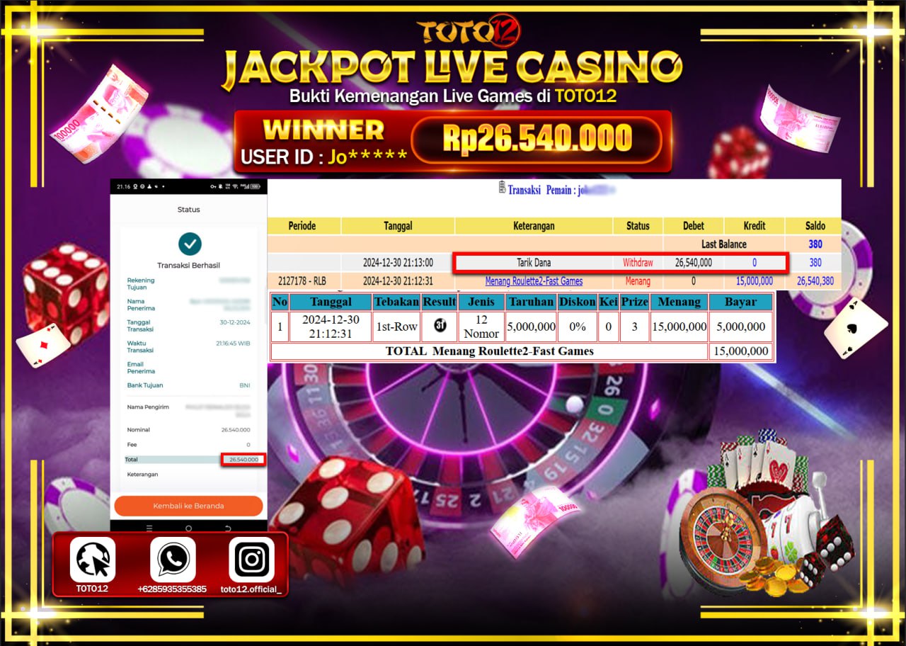 HANYA DI TOTO12 JP PASTI DI BAYAR LUNAS DAN CEPAT!!!!!! JACKPOT LIVE GAMES CASINO (ROULETTE 2 FAST) Rp.26.540.000 !!!!