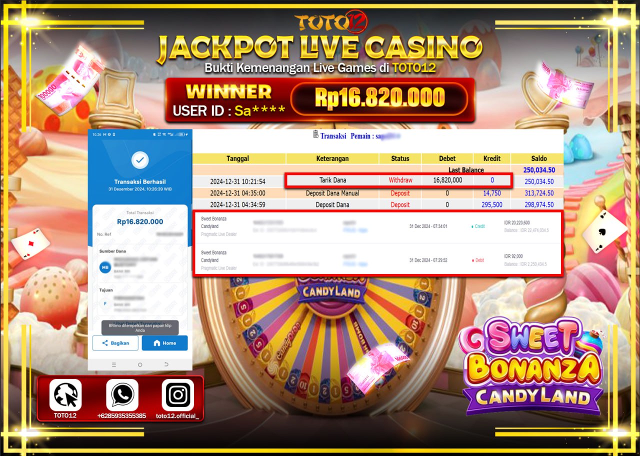 HANYA DI TOTO12 JP PASTI DI BAYAR LUNAS DAN CEPAT!!!!!! JACKPOT LIVE GAMES CASINO (SWEET BONANZA CANDY LAND) Rp.16.820.000 !!!!