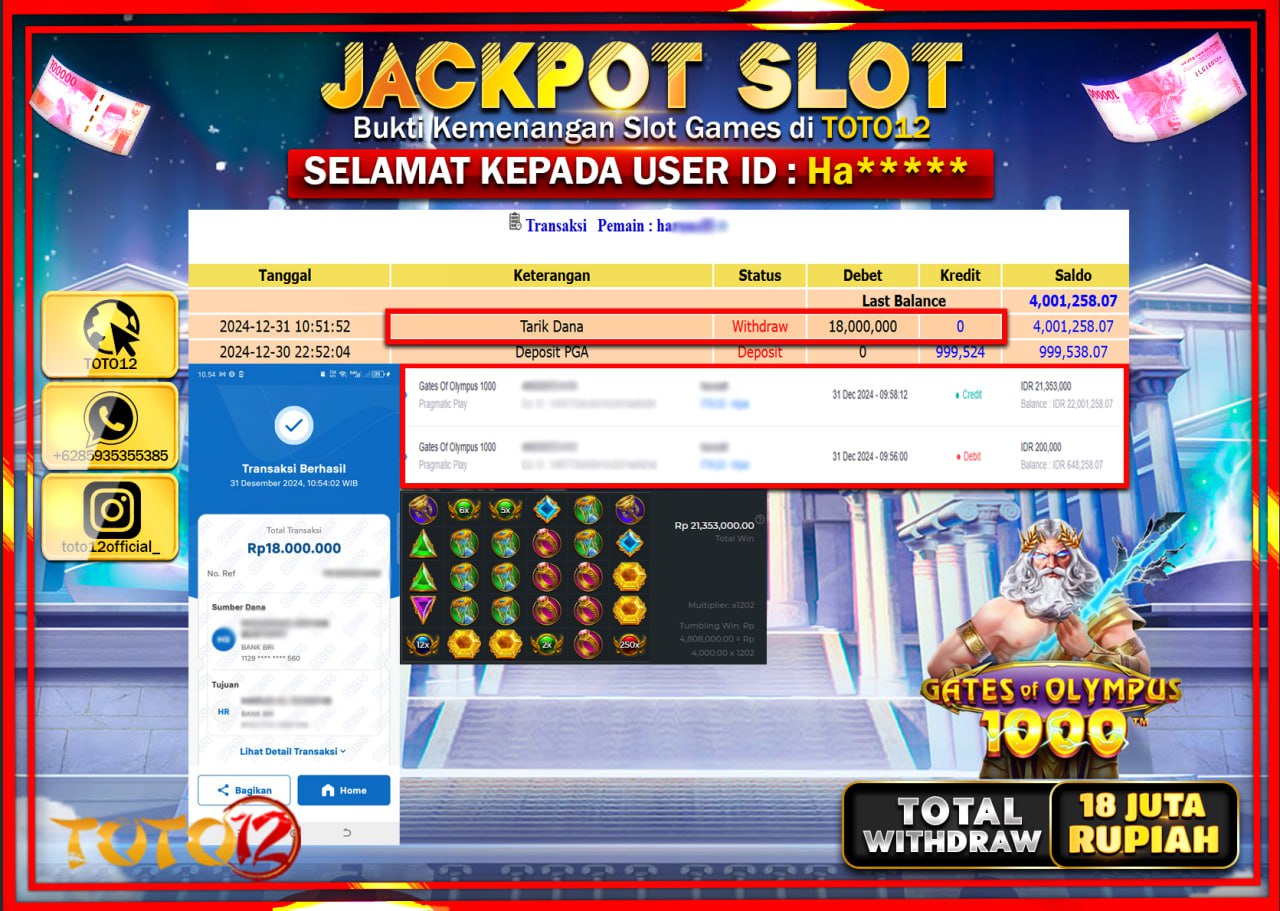 HANYA DI TOTO12 JP PASTI DI BAYAR LUNAS DAN CEPAT!!!!!! JACKPOT SLOT GAME (GATES OF OLYMPUS 1000) Rp.18.000.000 !!!!