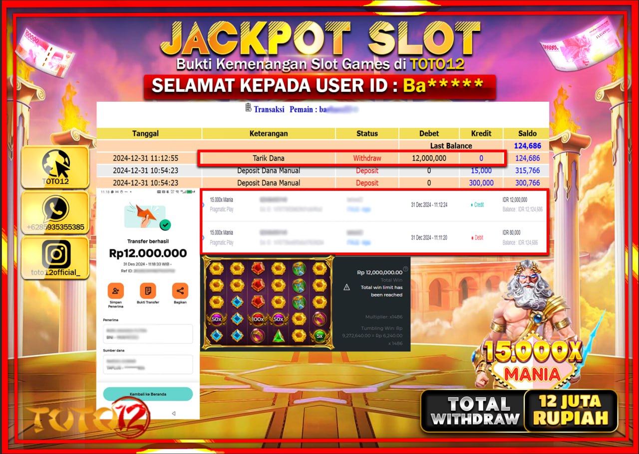 HANYA DI TOTO12 JP PASTI DI BAYAR LUNAS DAN CEPAT!!!!!! JACKPOT SLOT GAME (15.000X MANIA) Rp.12.000.000 !!!!