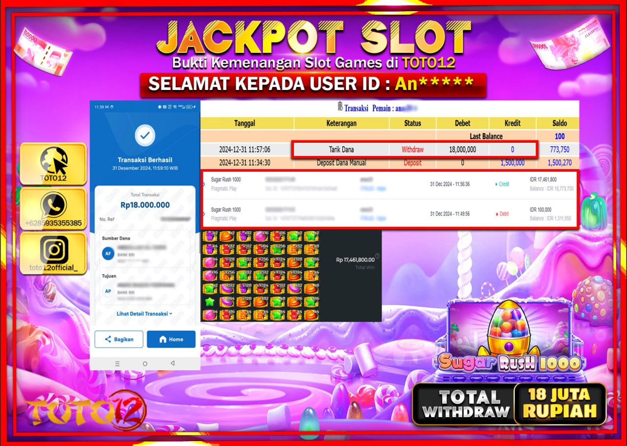 HANYA DI TOTO12 JP PASTI DI BAYAR LUNAS DAN CEPAT!!!!!! JACKPOT SLOT GAME (SUGAR RUSH 1000) Rp.18.000.000 !!!!