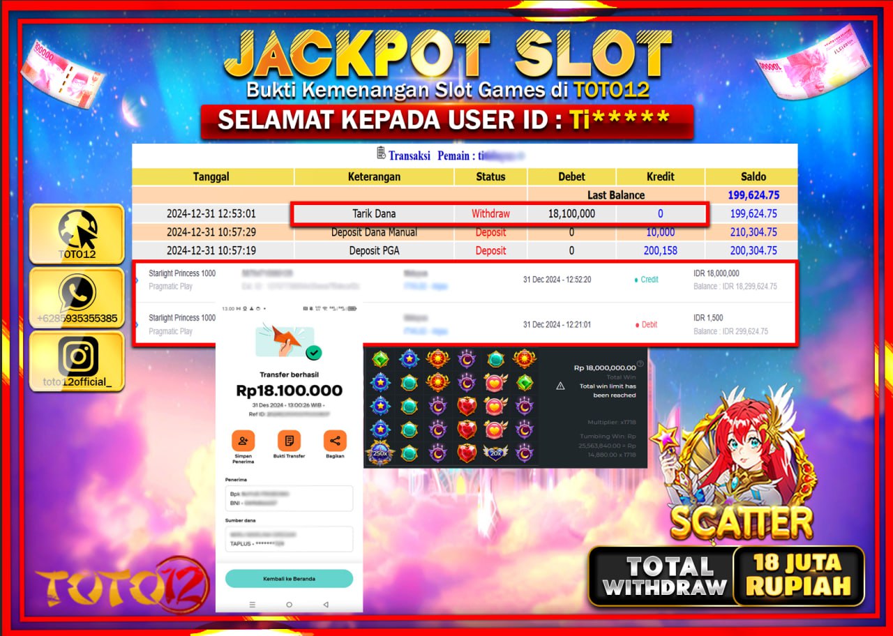 HANYA DI TOTO12 JP PASTI DI BAYAR LUNAS DAN CEPAT!!!!!! JACKPOT SLOT GAME (STARLIGHT PRINCESS 1000) Rp.18.000.000 !!!!