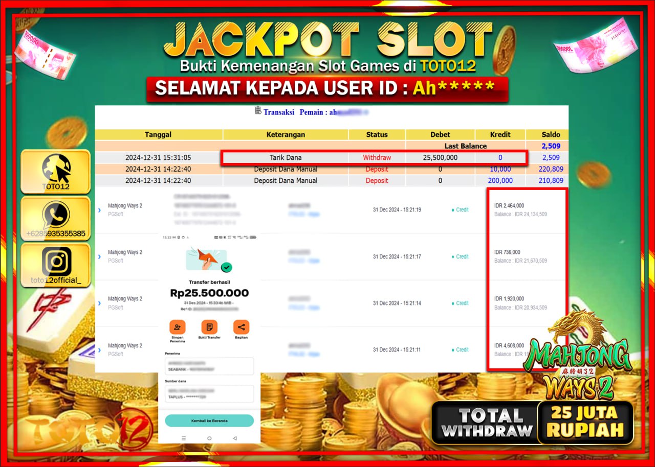 HANYA DI TOTO12 JP PASTI DI BAYAR LUNAS DAN CEPAT!!!!!! JACKPOT SLOT GAME (MAHJONG WAYS 2) Rp.25.000.000 !!!!
