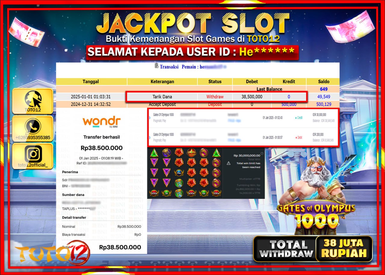 HANYA DI TOTO12 JP PASTI DI BAYAR LUNAS DAN CEPAT!!!!!! JACKPOT SLOT GAME (GATES OF OLYMPUS 1000) Rp.38.000.000 !!!!