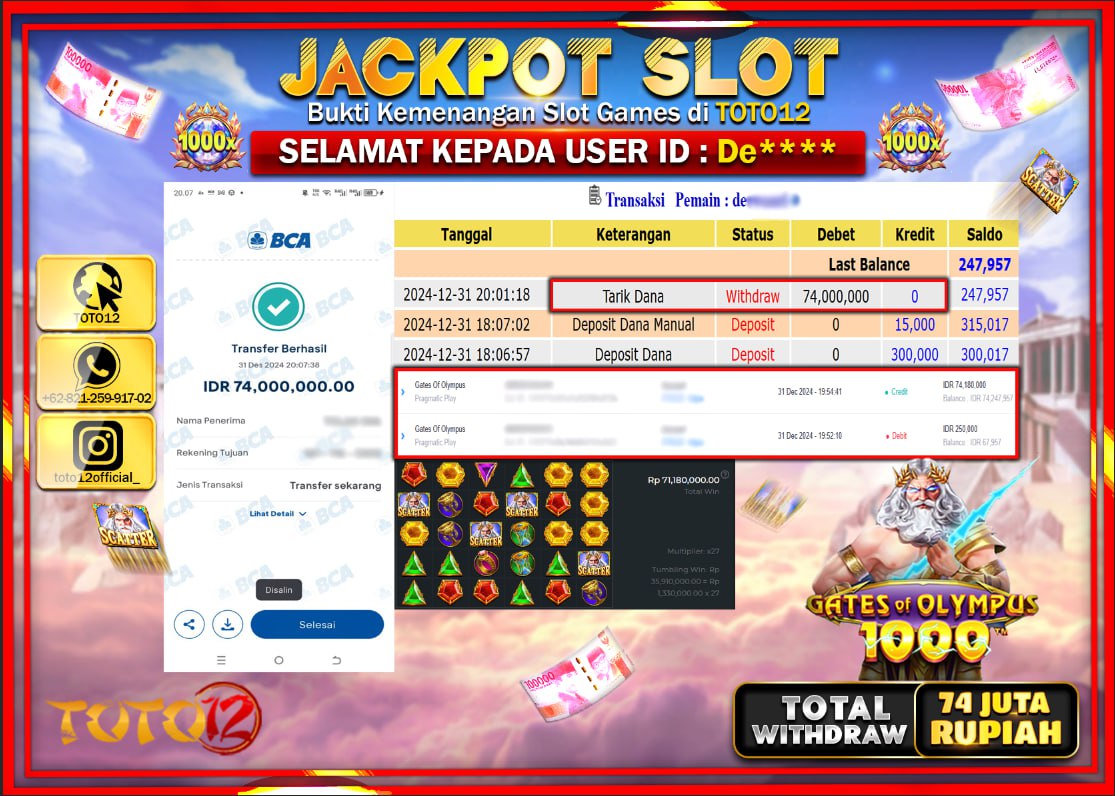 HANYA DI TOTO12 JP PASTI DI BAYAR LUNAS DAN CEPAT!!!!!! JACKPOT SLOT GAME (GATES OF OLYMPUS 1000) Rp.74.000.000 !!!!