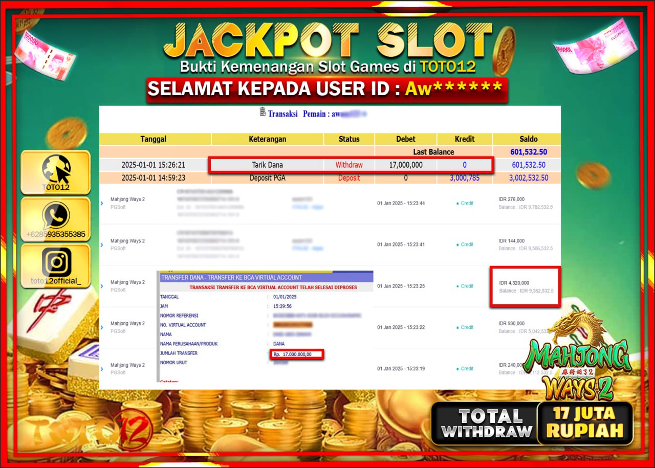 HANYA DI TOTO12 JP PASTI DI BAYAR LUNAS DAN CEPAT!!!!!! JACKPOT SLOT GAME (MAHJONG WAYS 2) Rp.17.000.000 !!!!