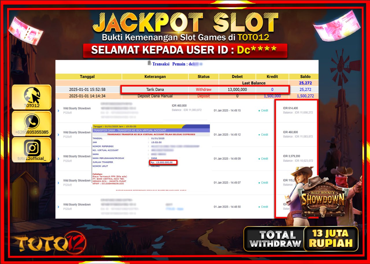 HANYA DI TOTO12 JP PASTI DI BAYAR LUNAS DAN CEPAT!!!!!! JACKPOT SLOT GAME (WILD BOUNTY SHOWDOWN) Rp.13.000.000 !!!!