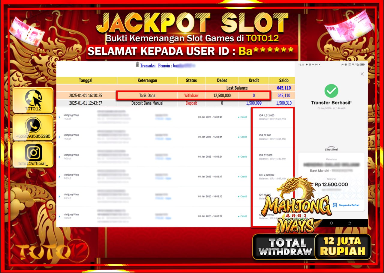 HANYA DI TOTO12 JP PASTI DI BAYAR LUNAS DAN CEPAT!!!!!! JACKPOT SLOT GAME (MAHJONG WAYS) Rp.12.000.000 !!!!