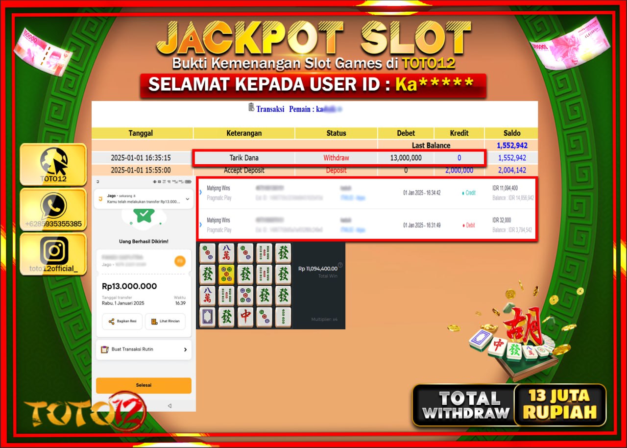 HANYA DI TOTO12 JP PASTI DI BAYAR LUNAS DAN CEPAT!!!!!! JACKPOT SLOT GAME (MAHJONG WINS) Rp.13.000.000 !!!!