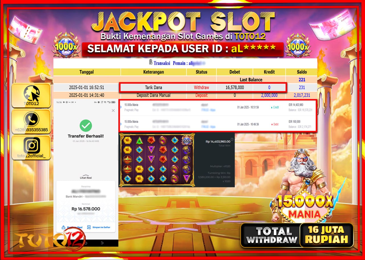 HANYA DI TOTO12 JP PASTI DI BAYAR LUNAS DAN CEPAT!!!!!! JACKPOT SLOT GAME (15.000X MANIA) Rp.16.000.000 !!!!
