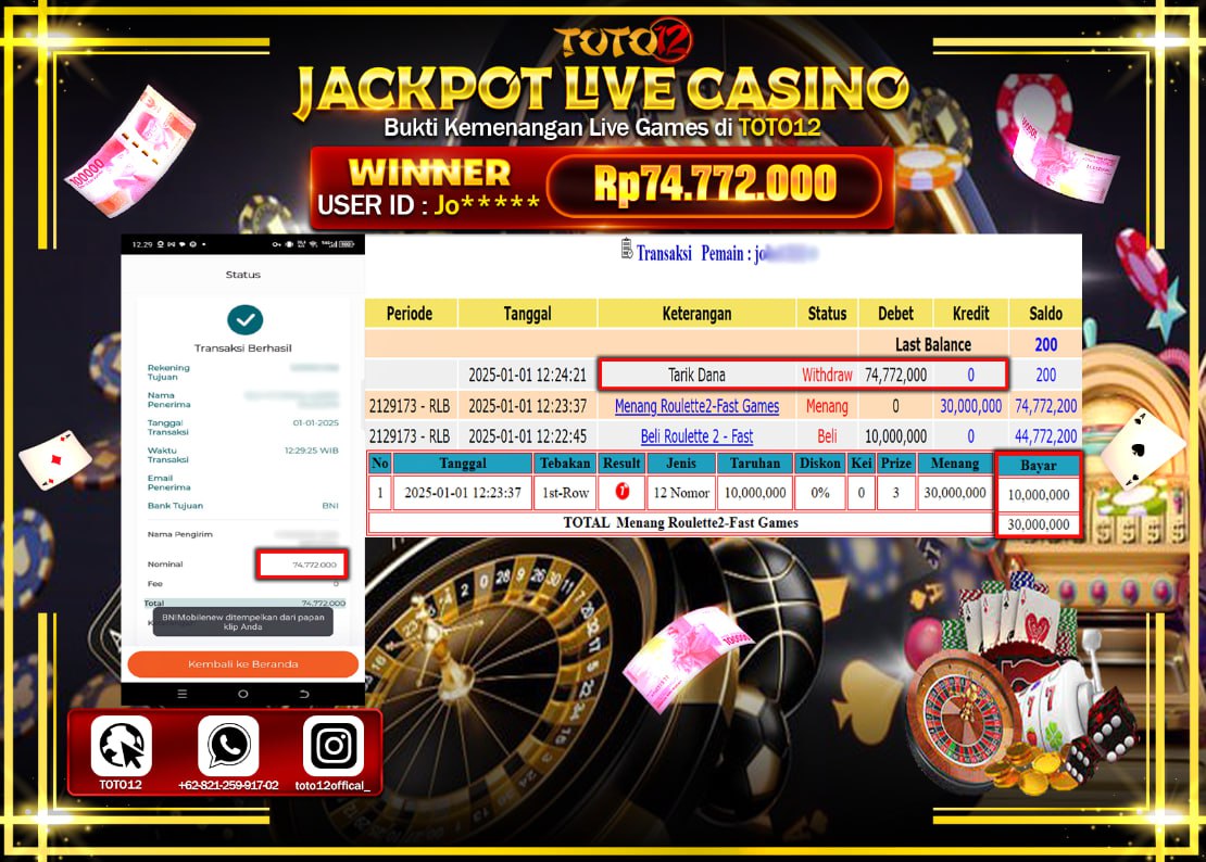 HANYA DI TOTO12 JP PASTI DI BAYAR LUNAS DAN CEPAT!!!!!! JACKPOT LIVE GAMES CASINO(ROULETTE 2 FAST) Rp.74.772.000 !!!!