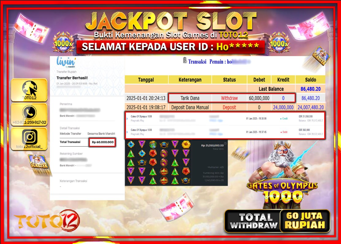 HANYA DI TOTO12 JP PASTI DI BAYAR LUNAS DAN CEPAT!!!!!! JACKPOT SLOT GAME (GATES OF OLYMPUS 1000) Rp.60.000.000 !!!!