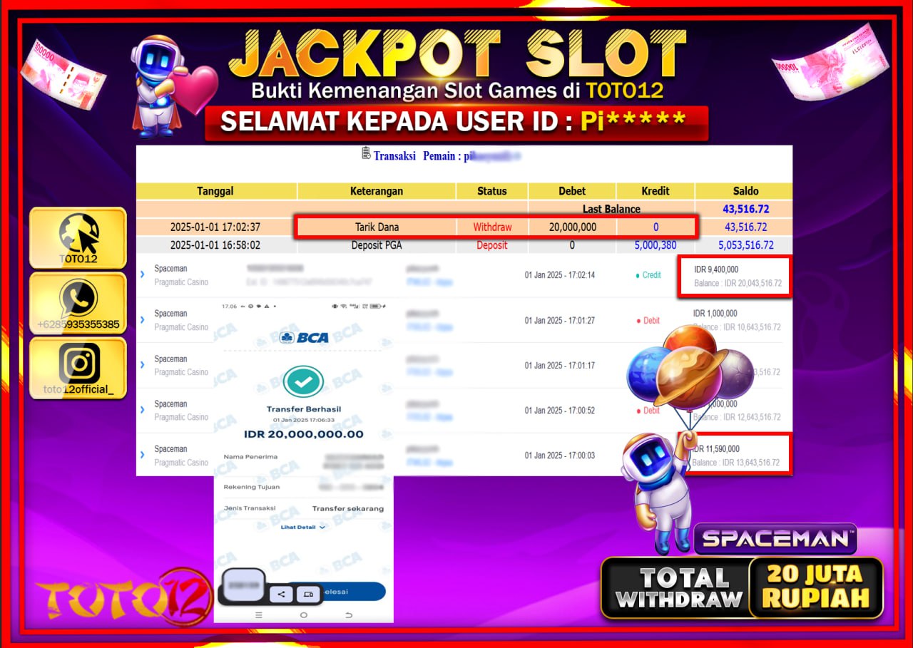 HANYA DI TOTO12 JP PASTI DI BAYAR LUNAS DAN CEPAT!!!!!! JACKPOT SLOT GAME (SPACEMAN) Rp.20.000.000 !!!!