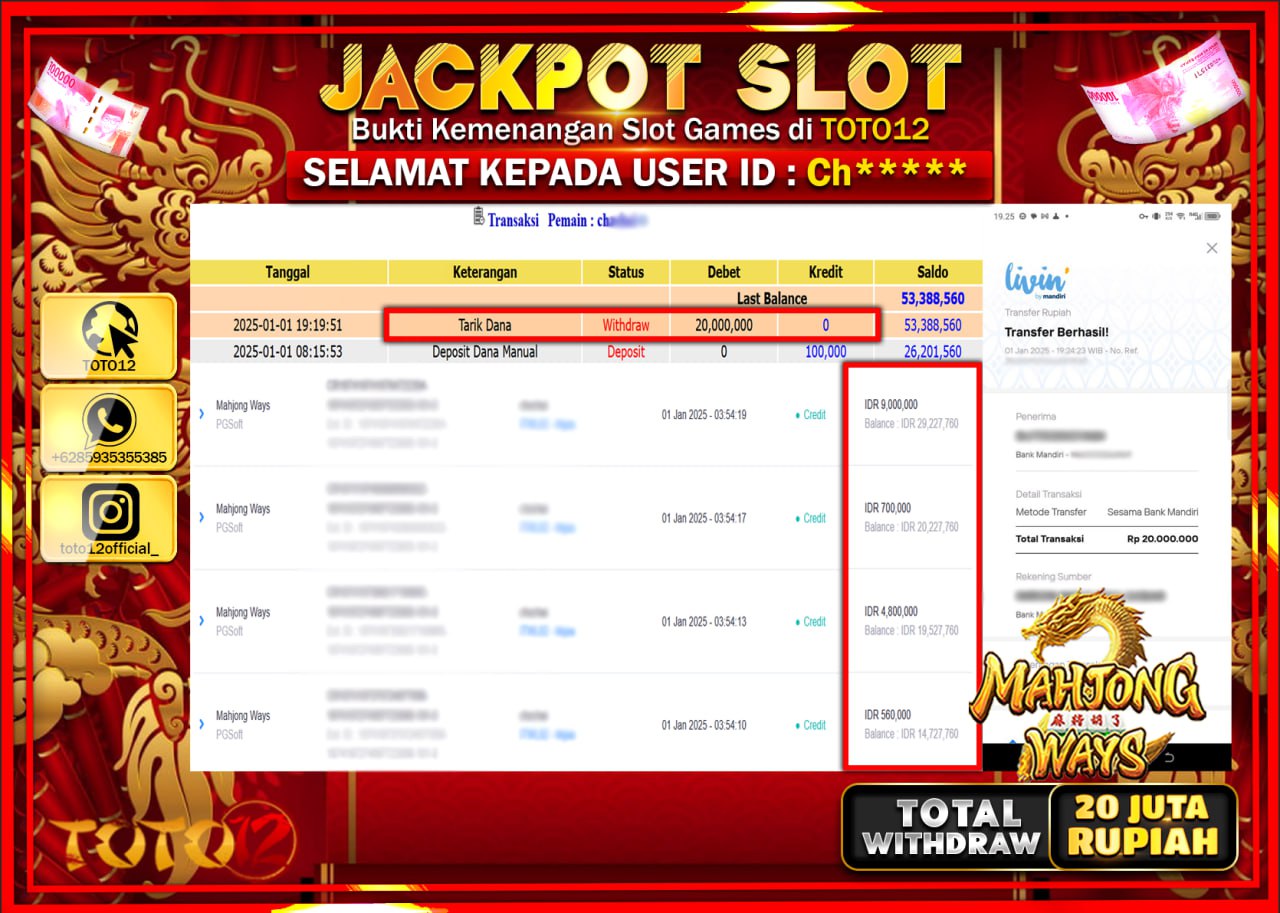 HANYA DI TOTO12 JP PASTI DI BAYAR LUNAS DAN CEPAT!!!!!! JACKPOT SLOT GAME (MAHJONG WAYS) Rp.20.000.000 !!!!