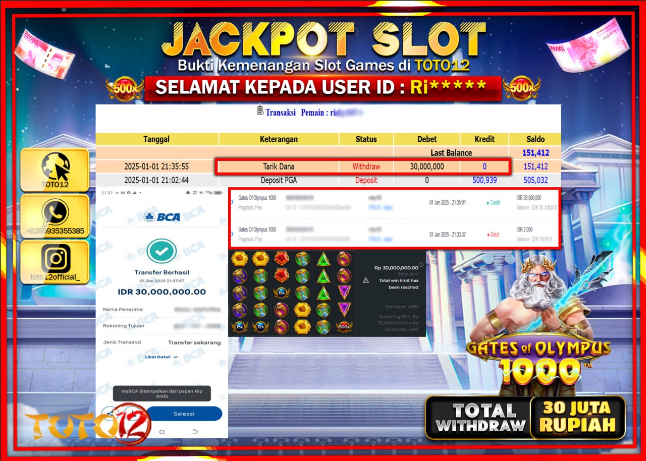 HANYA DI TOTO12 JP PASTI DI BAYAR LUNAS DAN CEPAT!!!!!! JACKPOT SLOT GAME (GATES OF OLYMPUS 1000) Rp.30.000.000 !!!!