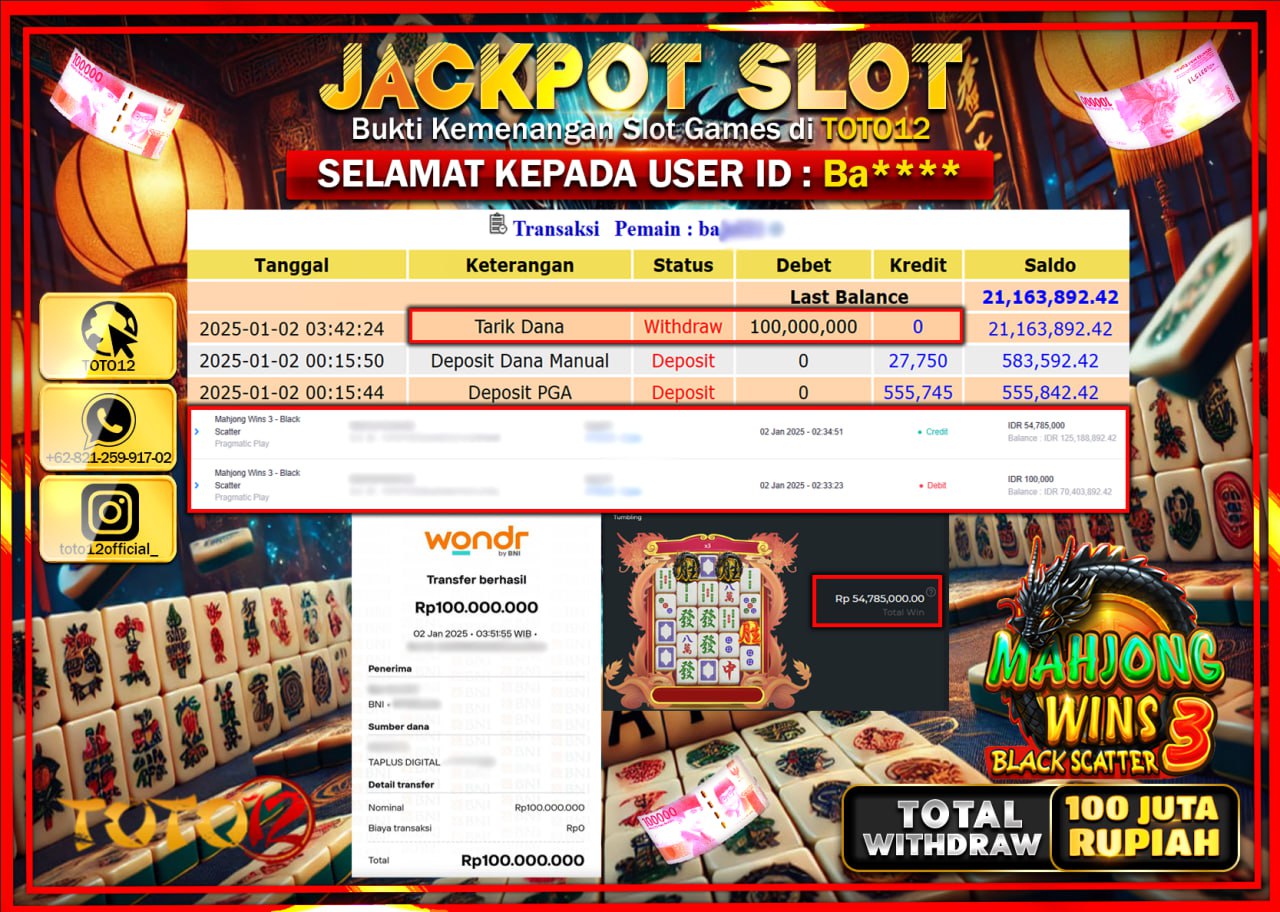 HANYA DI TOTO12 JP PASTI DI BAYAR LUNAS DAN CEPAT!!!!!! JACKPOT SLOT GAME (MAHJONG WINS 3 BLACK SCATTER) Rp.100.000.000 !!!!