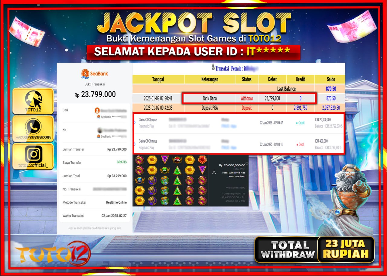 HANYA DI TOTO12 JP PASTI DI BAYAR LUNAS DAN CEPAT!!!!!! JACKPOT SLOT GAME (GATES OF OLYMPUS) Rp.23.000.000 !!!!