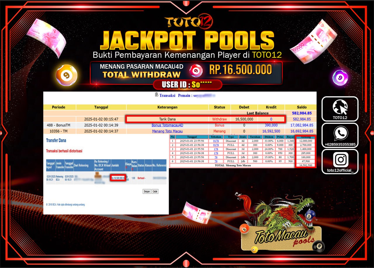HANYA DI TOTO12 JP PASTI DI BAYAR LUNAS DAN CEPAT!!!!!! JACKPOT POOLS PASARAN(TOTO MACAU) Rp.16.500.000 !!!!
