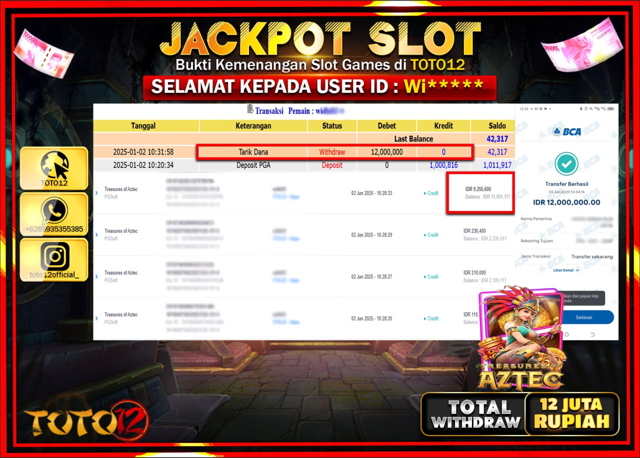 HANYA DI TOTO12 JP PASTI DI BAYAR LUNAS DAN CEPAT!!!!!! JACKPOT SLOT GAME (TREASURES OF AZTEC ) Rp.12.000.000 !!!!