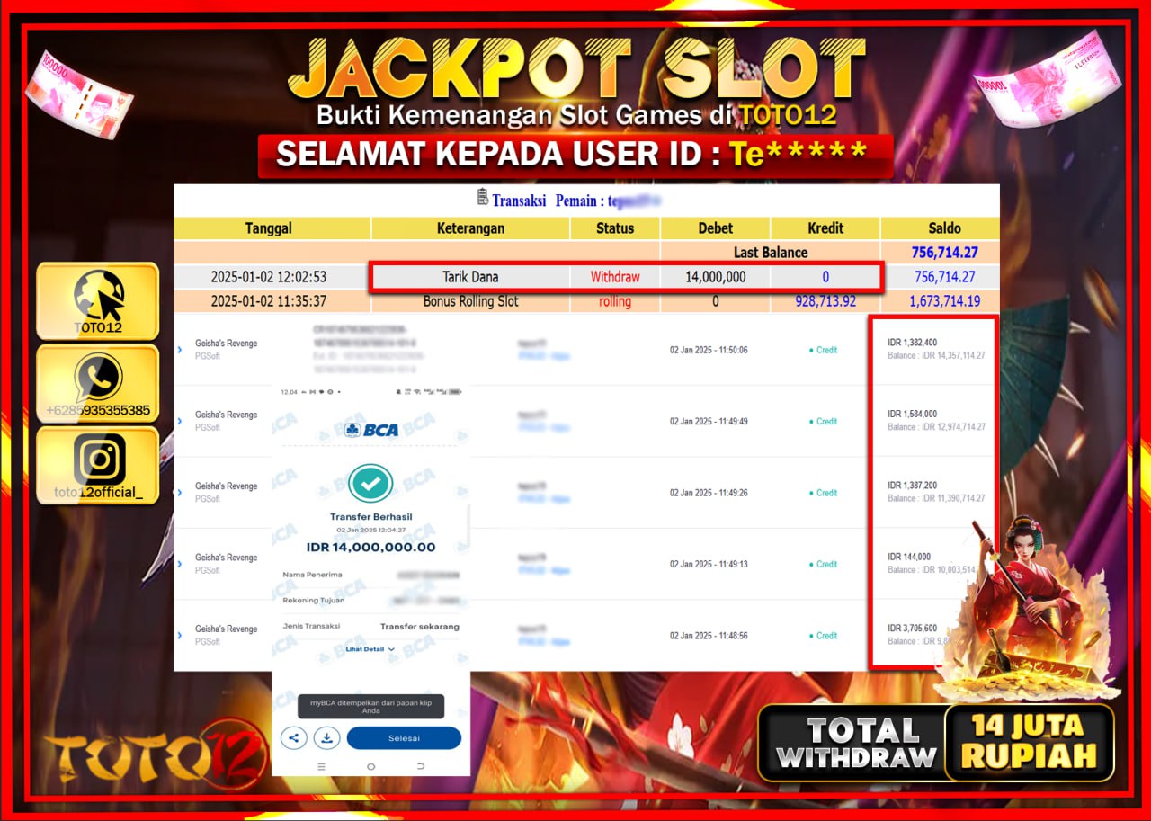 HANYA DI TOTO12 JP PASTI DI BAYAR LUNAS DAN CEPAT!!!!!! JACKPOT SLOT GAME (GEISHAS REVENGE) Rp.14.000.000 !!!!
