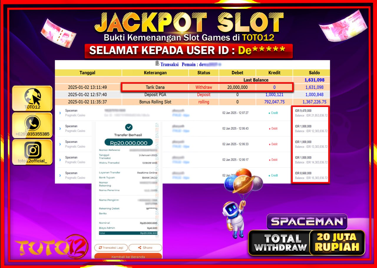 HANYA DI TOTO12 JP PASTI DI BAYAR LUNAS DAN CEPAT!!!!!! JACKPOT SLOT GAME (SPACEMAN) Rp.20.000.000 !!!!