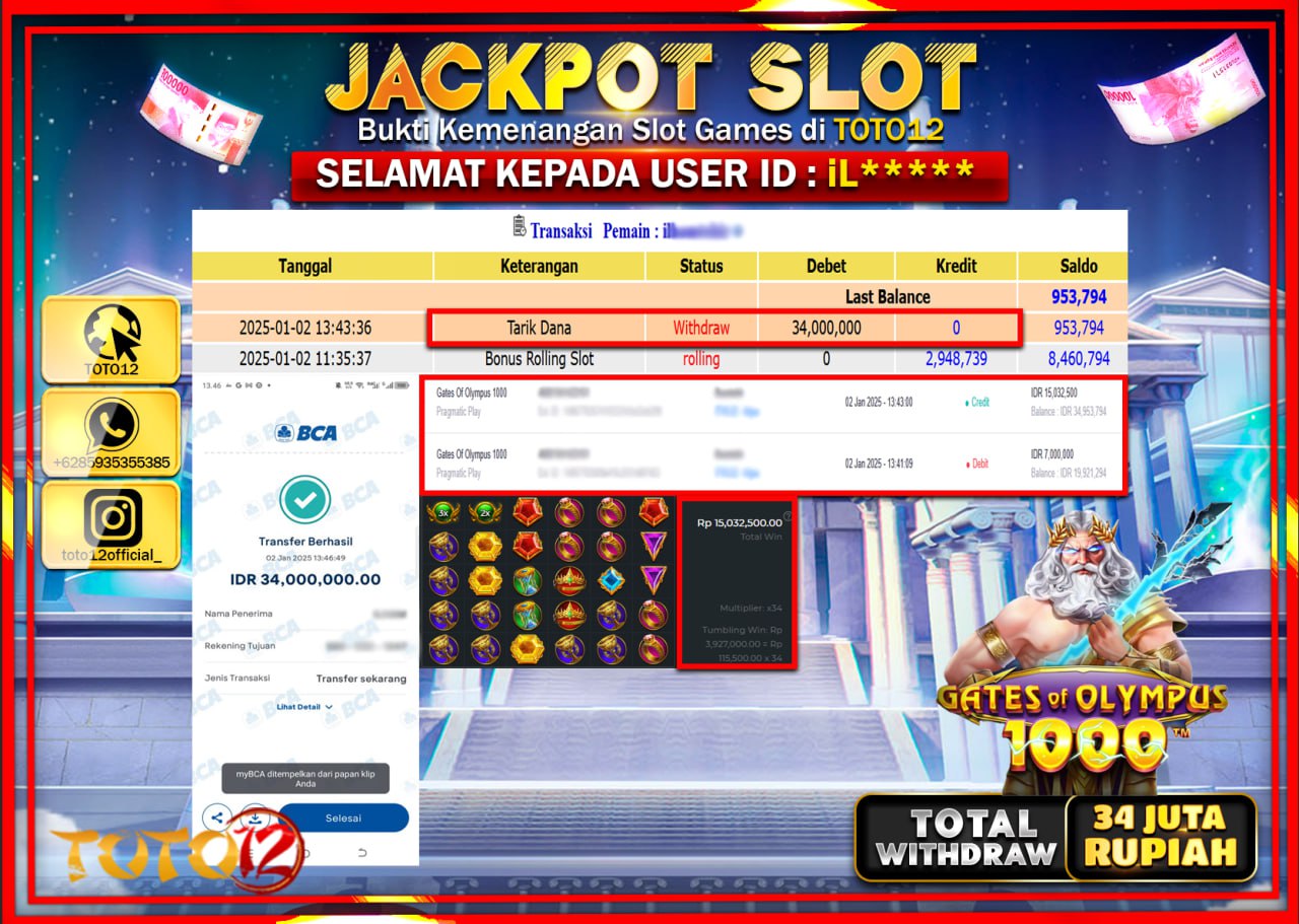 HANYA DI TOTO12 JP PASTI DI BAYAR LUNAS DAN CEPAT!!!!!! JACKPOT SLOT GAME (GATES OF OLYMPUS 1000) Rp.34.000.000 !!!!