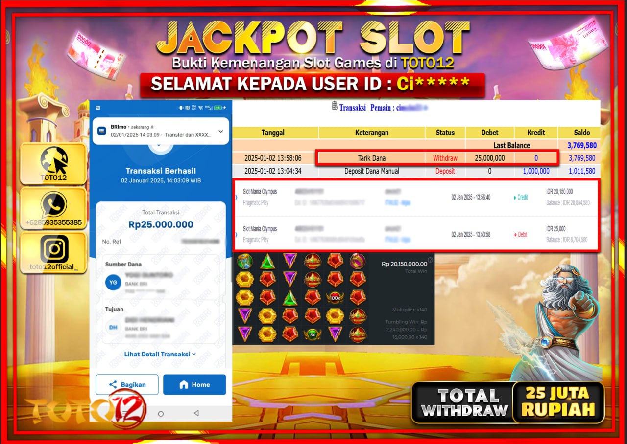 HANYA DI TOTO12 JP PASTI DI BAYAR LUNAS DAN CEPAT!!!!!! JACKPOT SLOT GAME (SLOT MANIA OLYMPUS) Rp.25.000.000 !!!!