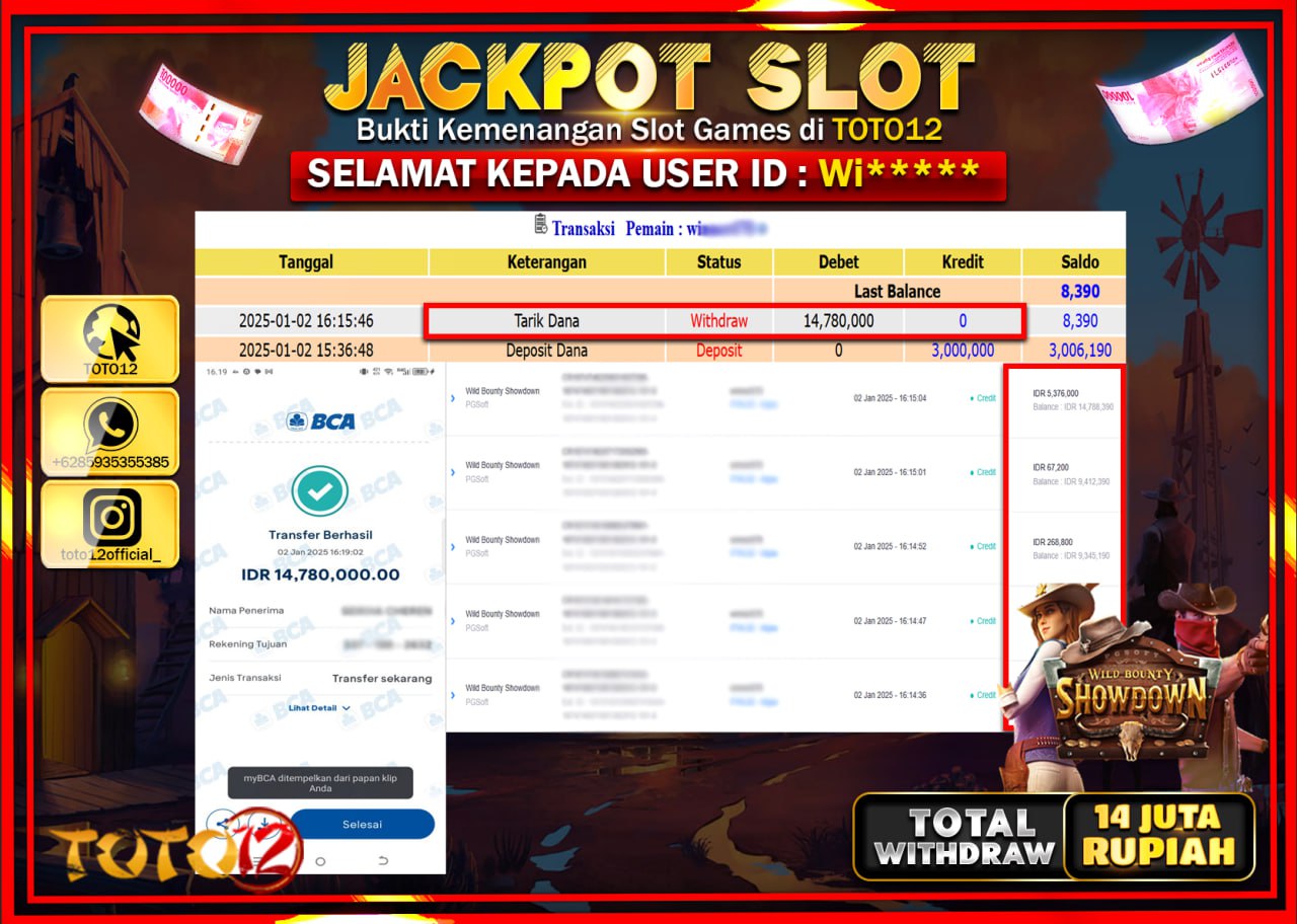 HANYA DI TOTO12 JP PASTI DI BAYAR LUNAS DAN CEPAT!!!!!! JACKPOT SLOT GAME (WILD BOUNTY SHOWDOWN) Rp.14.000.000 !!!!