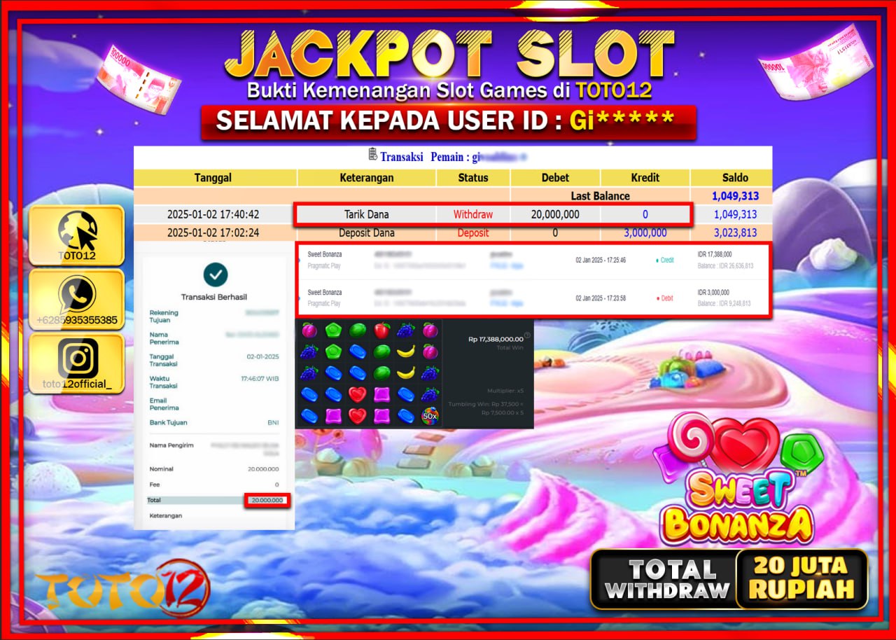 HANYA DI TOTO12 JP PASTI DI BAYAR LUNAS DAN CEPAT!!!!!! JACKPOT SLOT GAME (SWEET BONANZA) Rp.20.000.000 !!!!