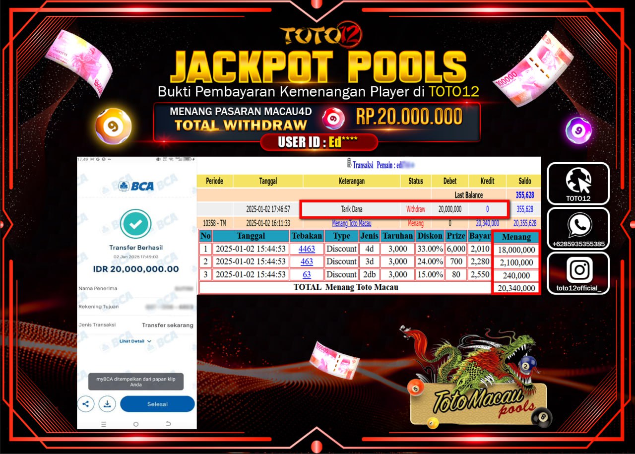 HANYA DI TOTO12 JP PASTI DI BAYAR LUNAS DAN CEPAT!!!!!! JACKPOT POOLS PASARAN (TOTO MACAU) Rp.20.000.000 !!!!