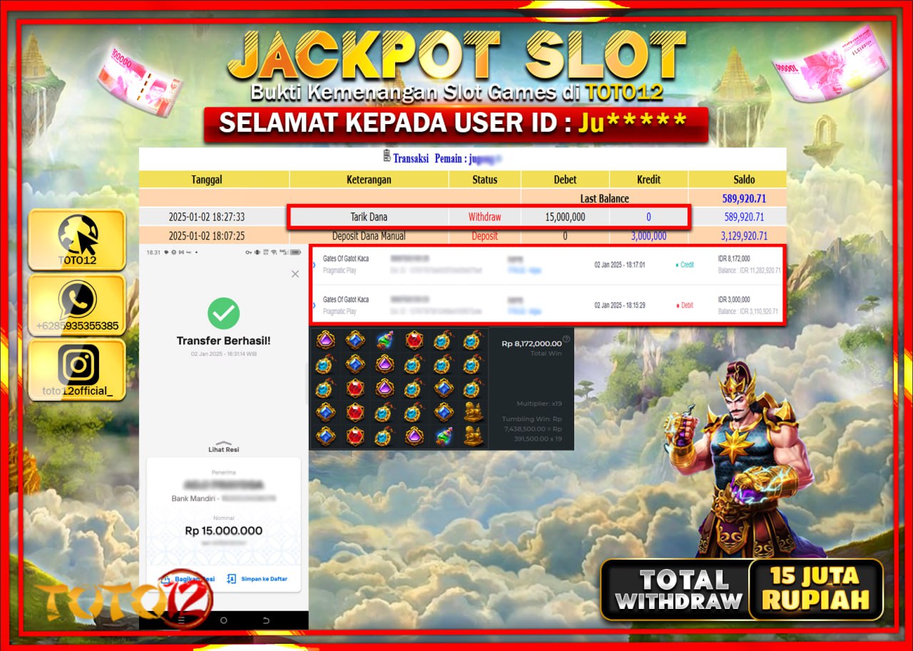 HANYA DI TOTO12 JP PASTI DI BAYAR LUNAS DAN CEPAT!!!!!! JACKPOT SLOT GAME (GATES OF GATOT KACA) Rp.15.000.000 !!!!
