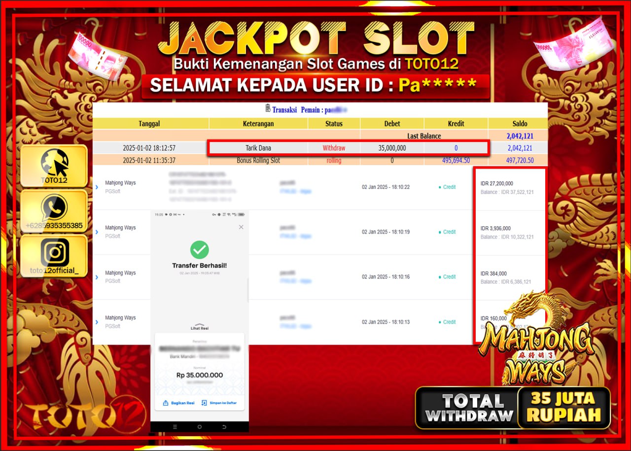 HANYA DI TOTO12 JP PASTI DI BAYAR LUNAS DAN CEPAT!!!!!! JACKPOT SLOT GAME (MAHJONG WAYS) Rp.35.000.000 !!!!