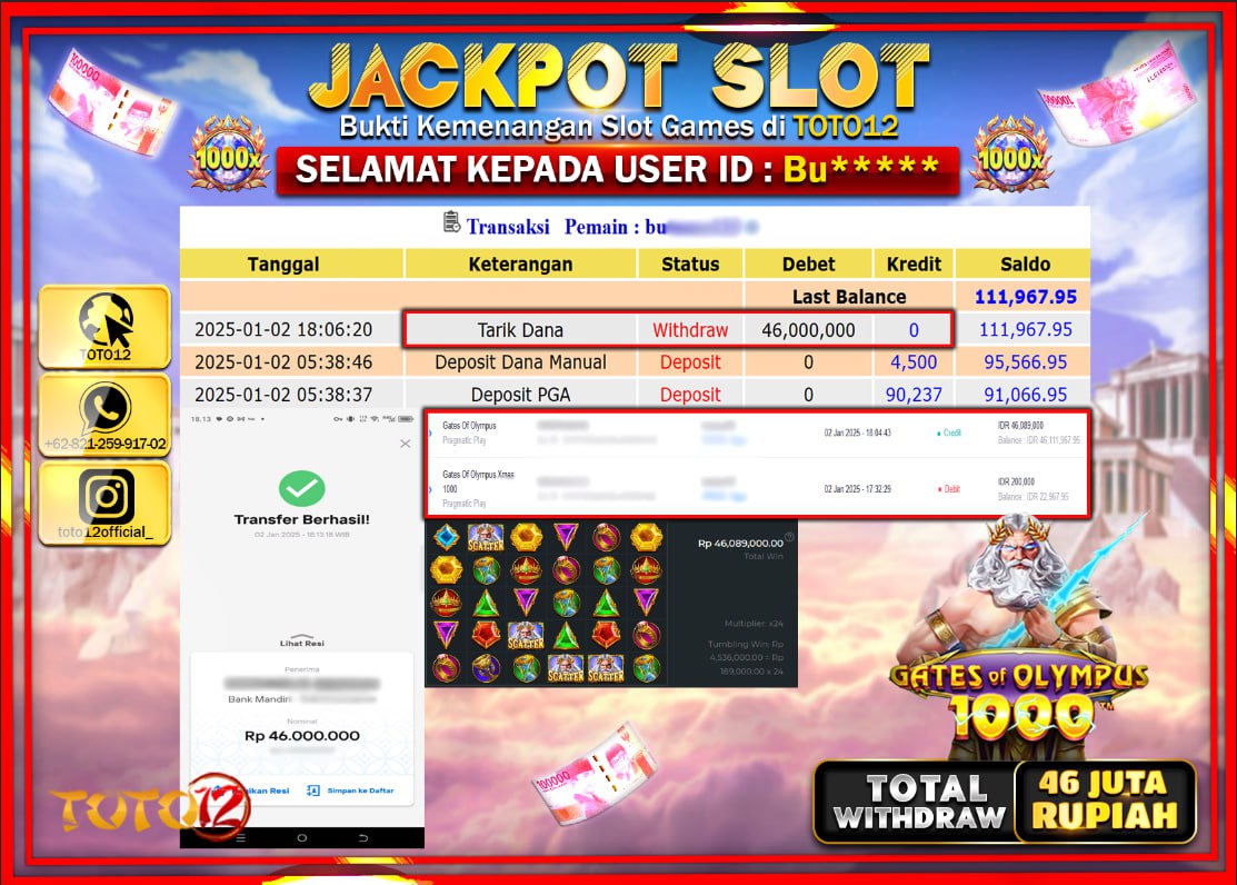 HANYA DI TOTO12 JP PASTI DI BAYAR LUNAS DAN CEPAT!!!!!! JACKPOT SLOT GAME (GATES OF OLYMPUS 1000) Rp.46.000.000 !!!!
