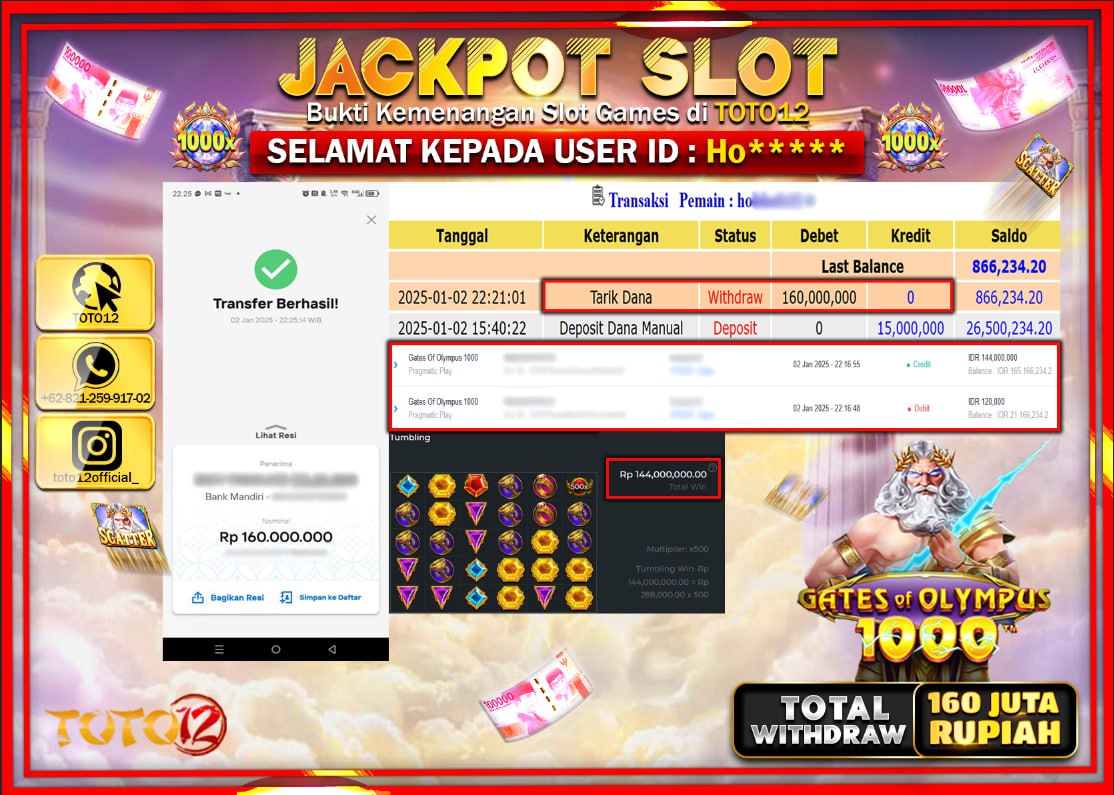 HANYA DI TOTO12 JP PASTI DI BAYAR LUNAS DAN CEPAT!!!!!! JACKPOT SLOT GAME (GATES OF OLYMPUS 1000) Rp.160.000.000 !!!!
