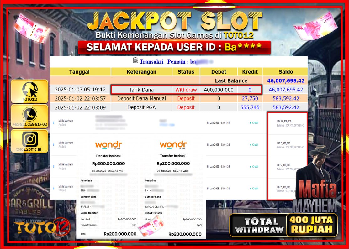 HANYA DI TOTO12 JP PASTI DI BAYAR LUNAS DAN CEPAT!!!!!! JACKPOT SLOT GAME (MAFIA MAYHEM) Rp.400.000.000 !!!!