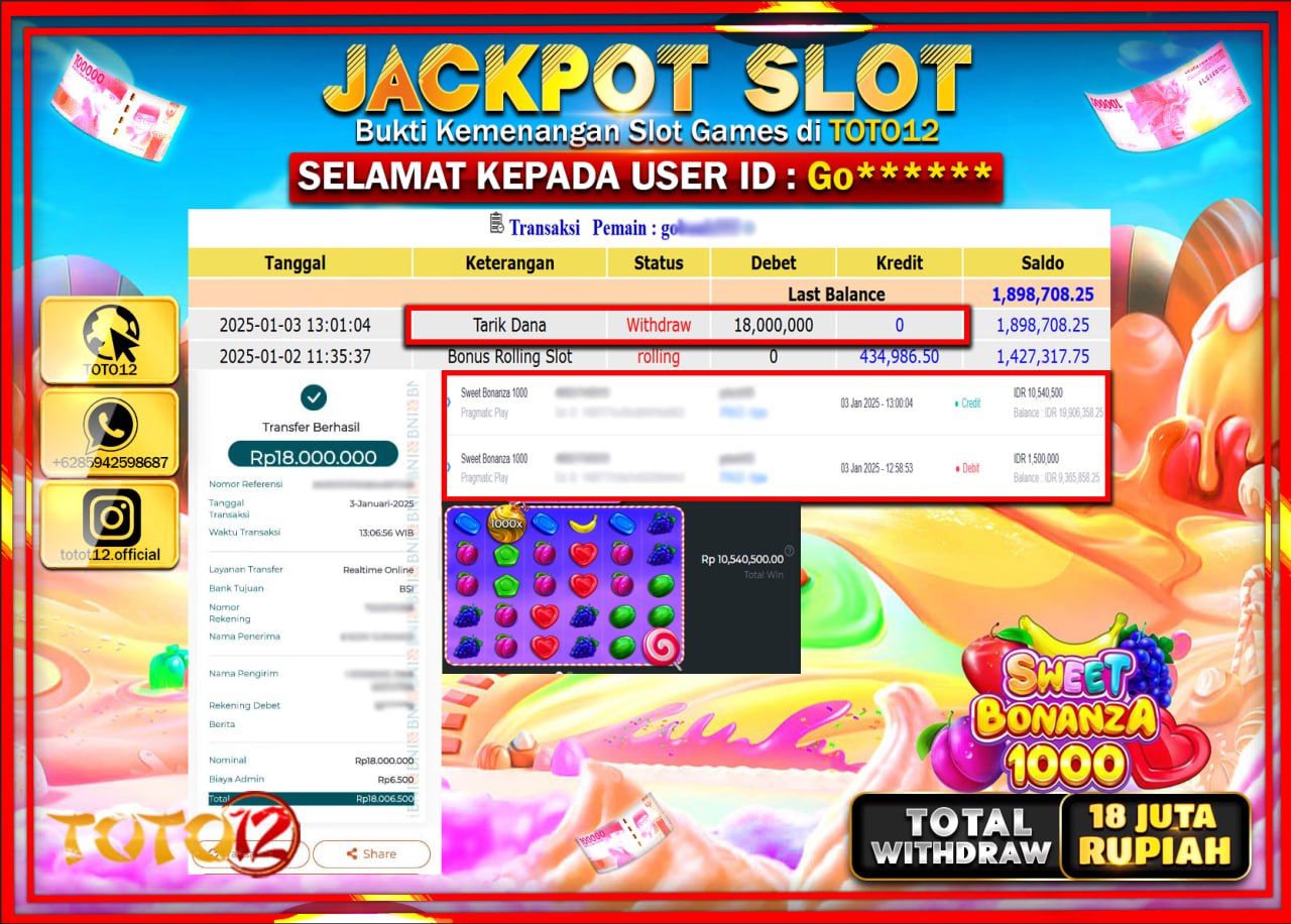 HANYA DI TOTO12 JP PASTI DI BAYAR LUNAS DAN CEPAT!!!!!! JACKPOT SLOT GAME (SWEET BONANZA 1000) Rp.18.000.000 !!!!