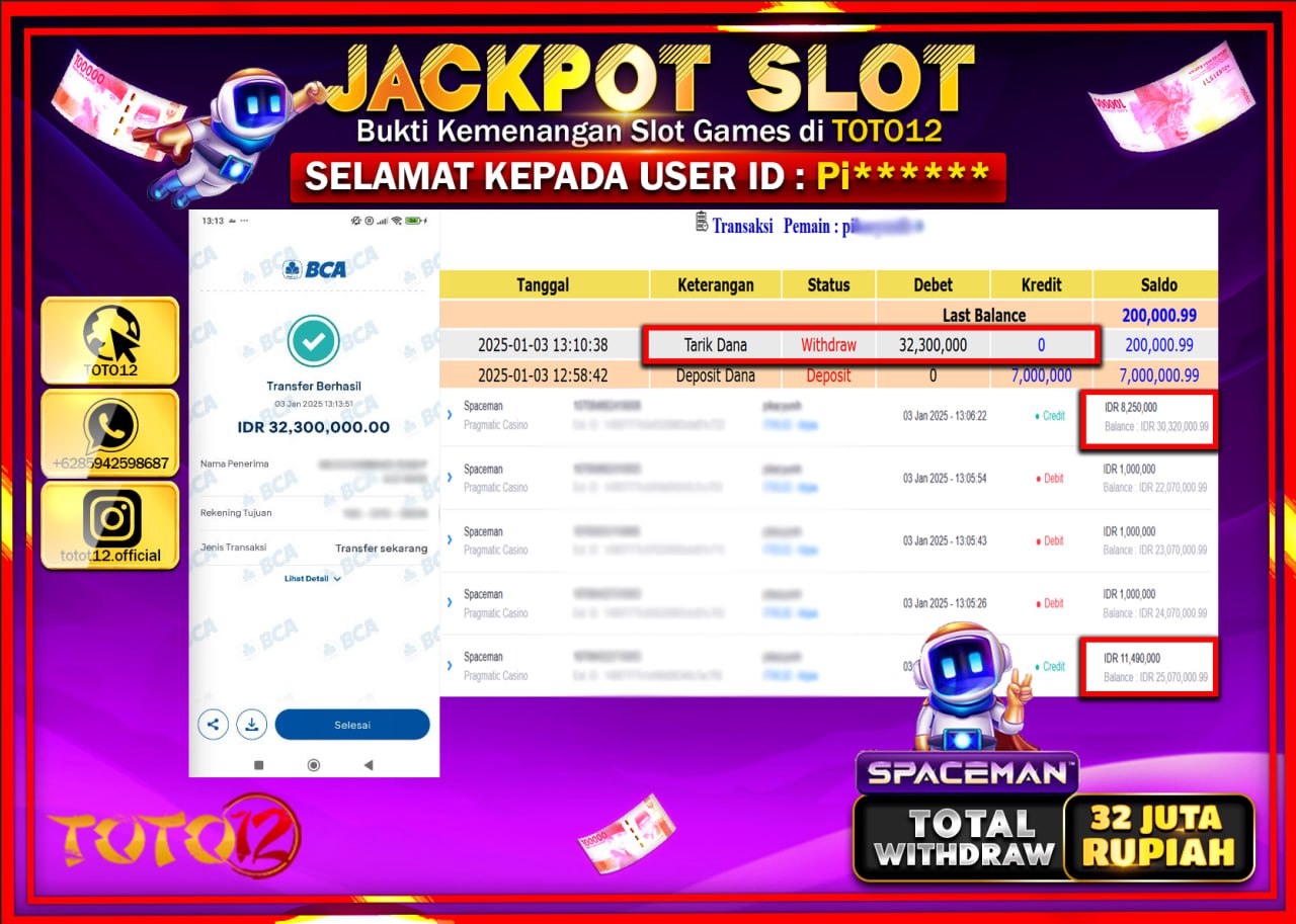 HANYA DI TOTO12 JP PASTI DI BAYAR LUNAS DAN CEPAT!!!!!! JACKPOT SLOT GAME (SPACEMAN) Rp.32.000.000 !!!!
