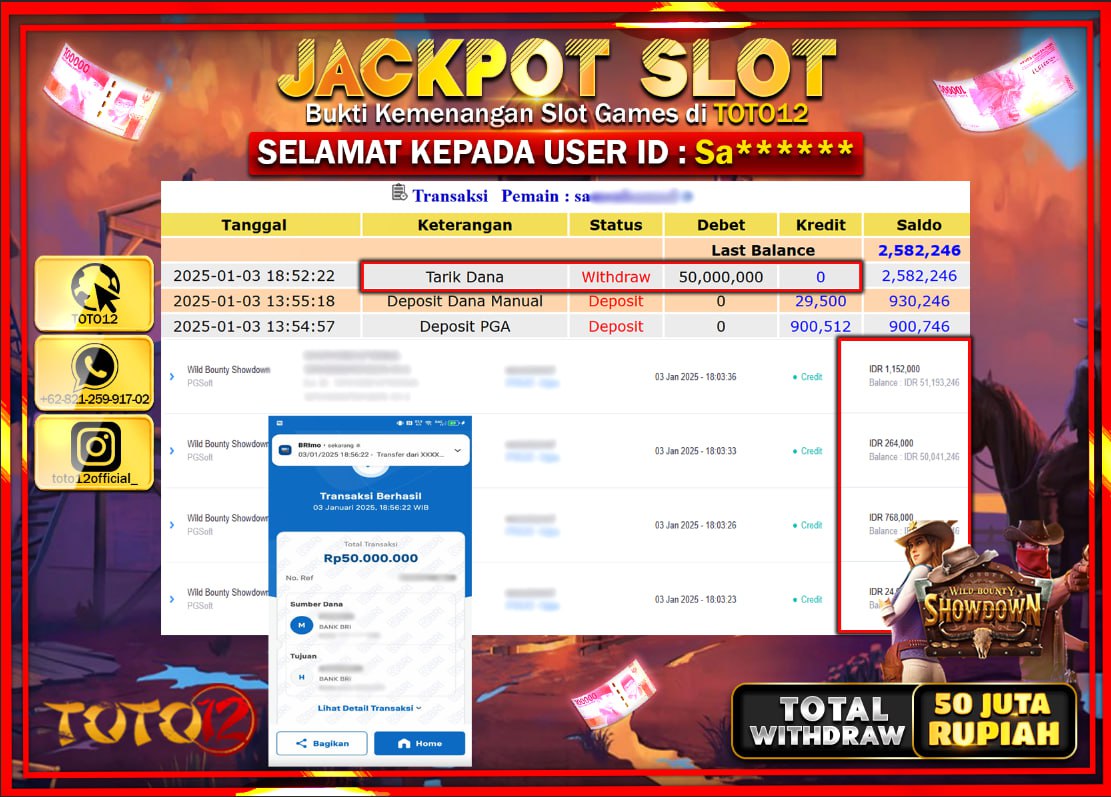 HANYA DI TOTO12 JP PASTI DI BAYAR LUNAS DAN CEPAT!!!!!! JACKPOT SLOT GAME (WILD BOUNTY SHOWDOWN) Rp.50.000.000 !!!!
