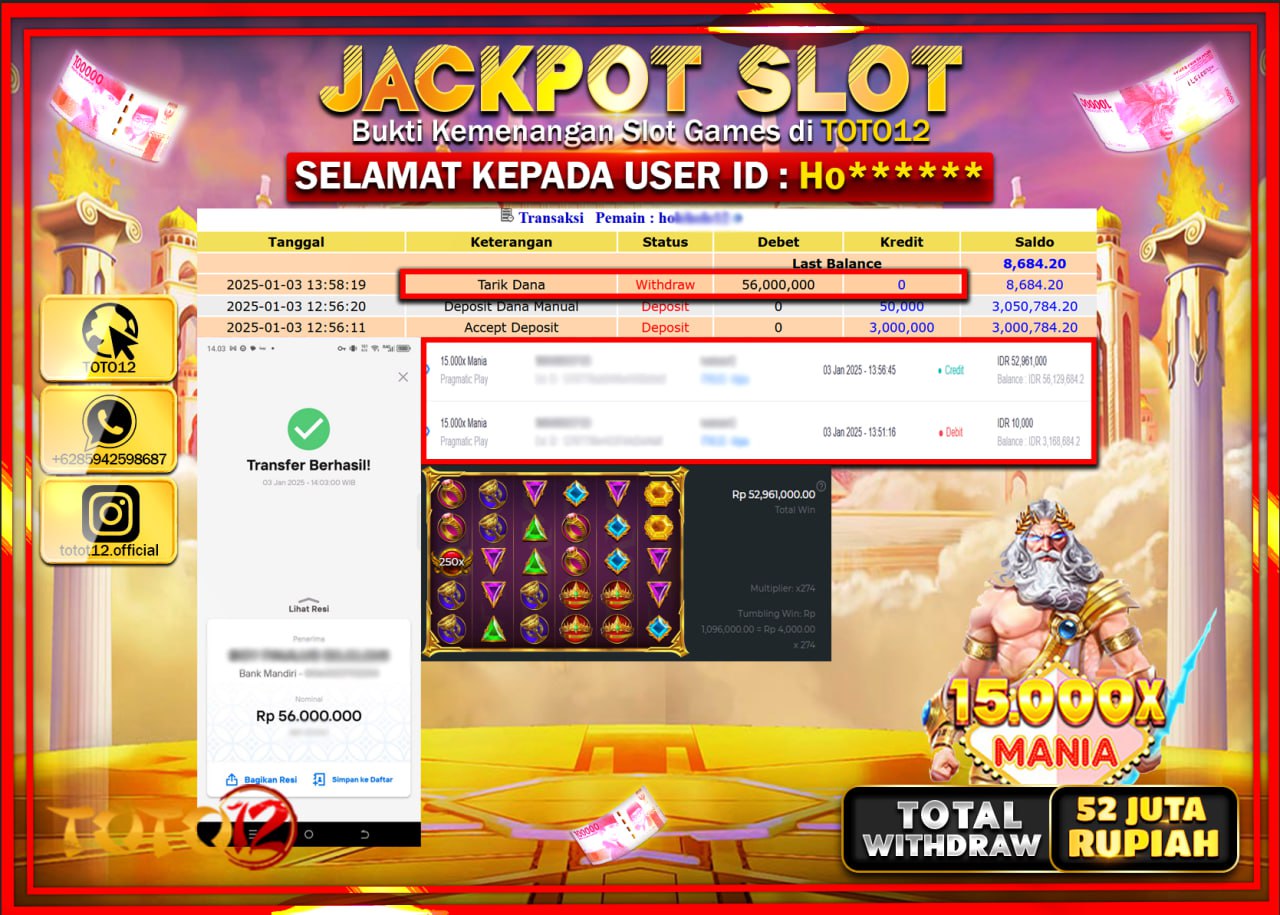 HANYA DI TOTO12 JP PASTI DI BAYAR LUNAS DAN CEPAT!!!!!! JACKPOT SLOT GAME (15.000X MANIA) Rp.52.000.000 !!!!