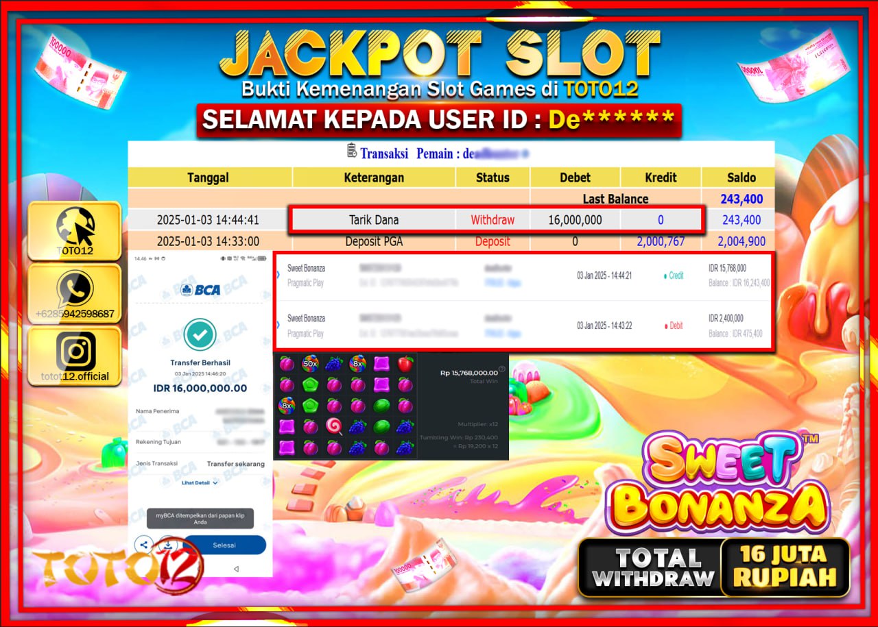 HANYA DI TOTO12 JP PASTI DI BAYAR LUNAS DAN CEPAT!!!!!! JACKPOT SLOT GAME (SWEET BONANZA) Rp.16.000.000 !!!!