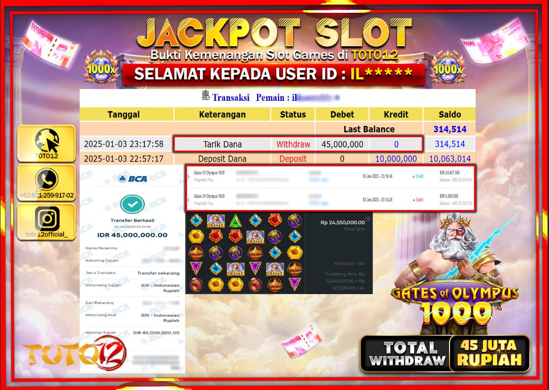 HANYA DI TOTO12 JP PASTI DI BAYAR LUNAS DAN CEPAT!!!!!! JACKPOT SLOT GAME (GATES OF OLYMPUS 1000) Rp.45.000.000 !!!!