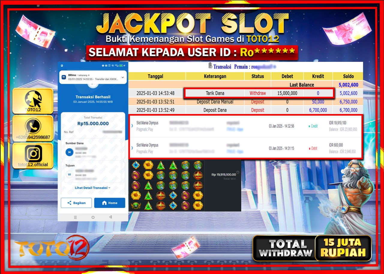 HANYA DI TOTO12 JP PASTI DI BAYAR LUNAS DAN CEPAT!!!!!! JACKPOT SLOT GAME (SLOT MANIA OLYMPUS) Rp.15.000.000 !!!!
