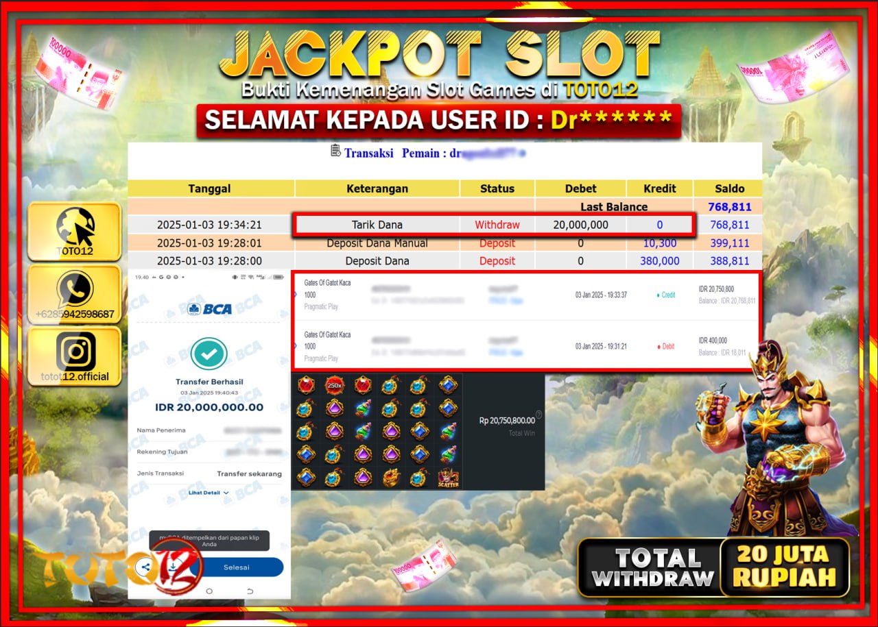 HANYA DI TOTO12 JP PASTI DI BAYAR LUNAS DAN CEPAT!!!!!! JACKPOT SLOT GAME (GATES OF GATOT KACA 1000) Rp.20.000.000 !!!!