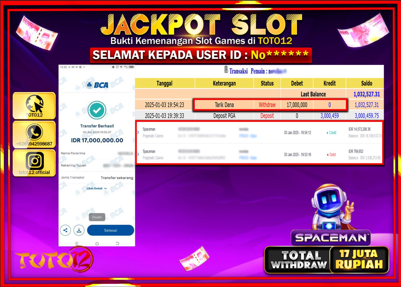 HANYA DI TOTO12 JP PASTI DI BAYAR LUNAS DAN CEPAT!!!!!! JACKPOT SLOT GAME (SPACEMAN) Rp.17.000.000 !!!!