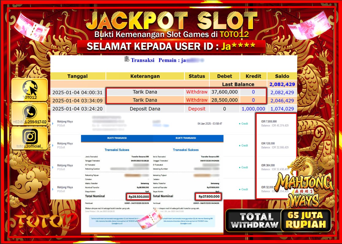 HANYA DI TOTO12 JP PASTI DI BAYAR LUNAS DAN CEPAT!!!!!! JACKPOT SLOT GAME (MAHJONG WAYS) Rp.65.000.000 !!!!