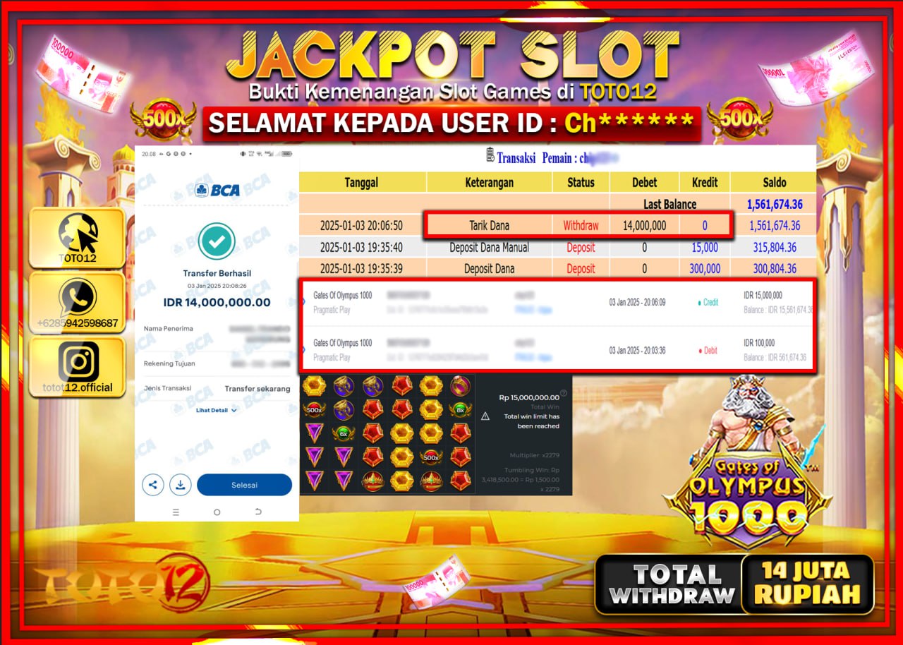 HANYA DI TOTO12 JP PASTI DI BAYAR LUNAS DAN CEPAT!!!!!! JACKPOT SLOT GAME (GATES OF OLYMPUS 1000) Rp.14.000.000 !!!!