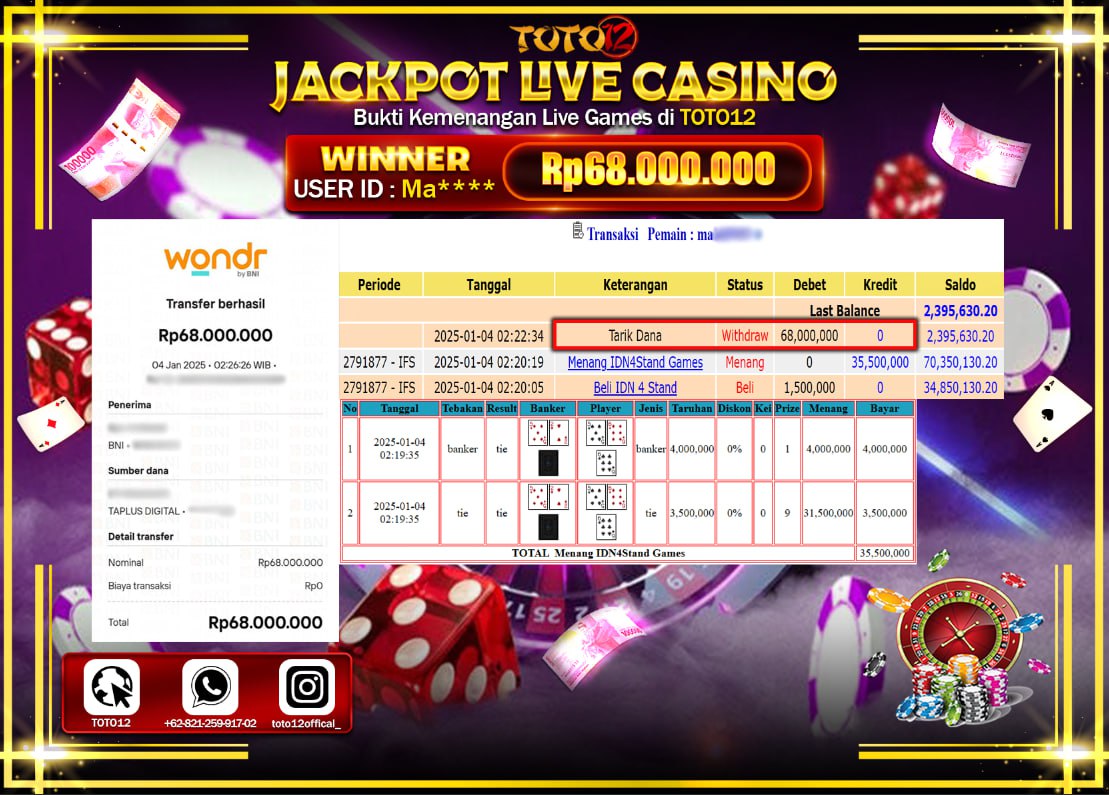 HANYA DI TOTO12 JP PASTI DI BAYAR LUNAS DAN CEPAT!!!!!! JACKPOT LIVE GAMES CASINO (IDN 4 STAND) Rp.68.000.000 !!!!